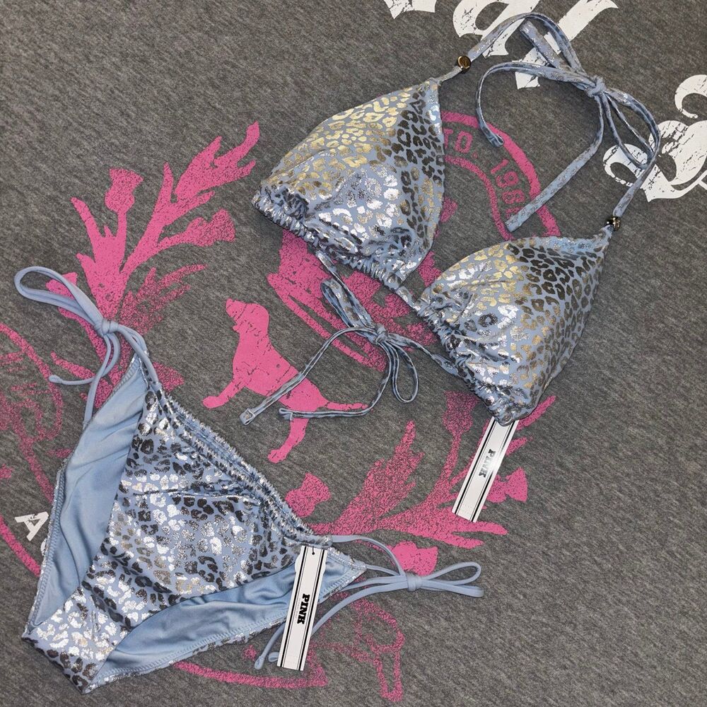 Victoria’s Secret PINK String Bikini Set Icy Blue Leopard Foil Metallic SM - Picture 3 of 12